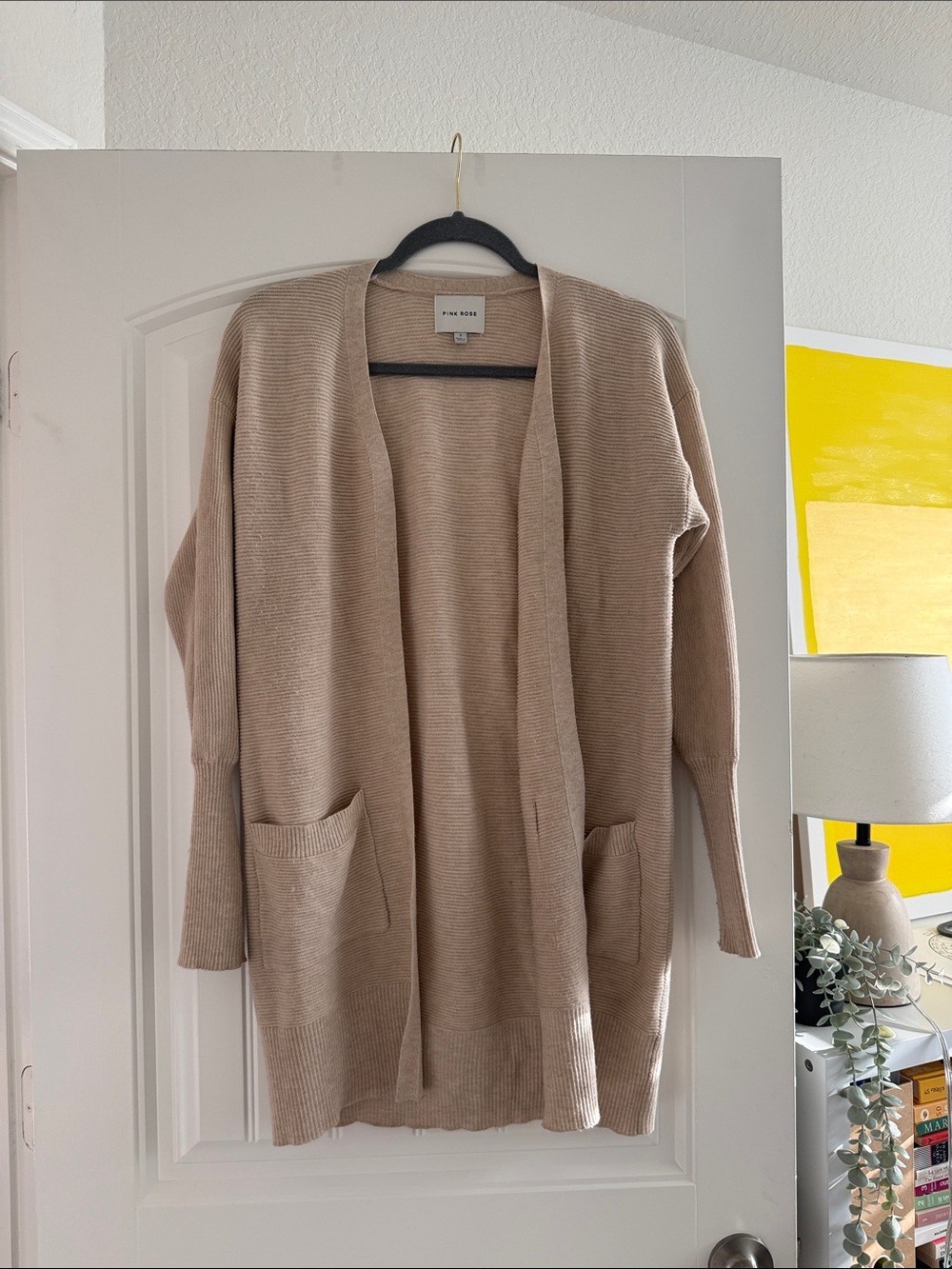 Pink Rose Beige Open-Front Pocket Cardigan